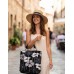 Black - White Floral Print Paper Straw Tote - BG-ST825BK